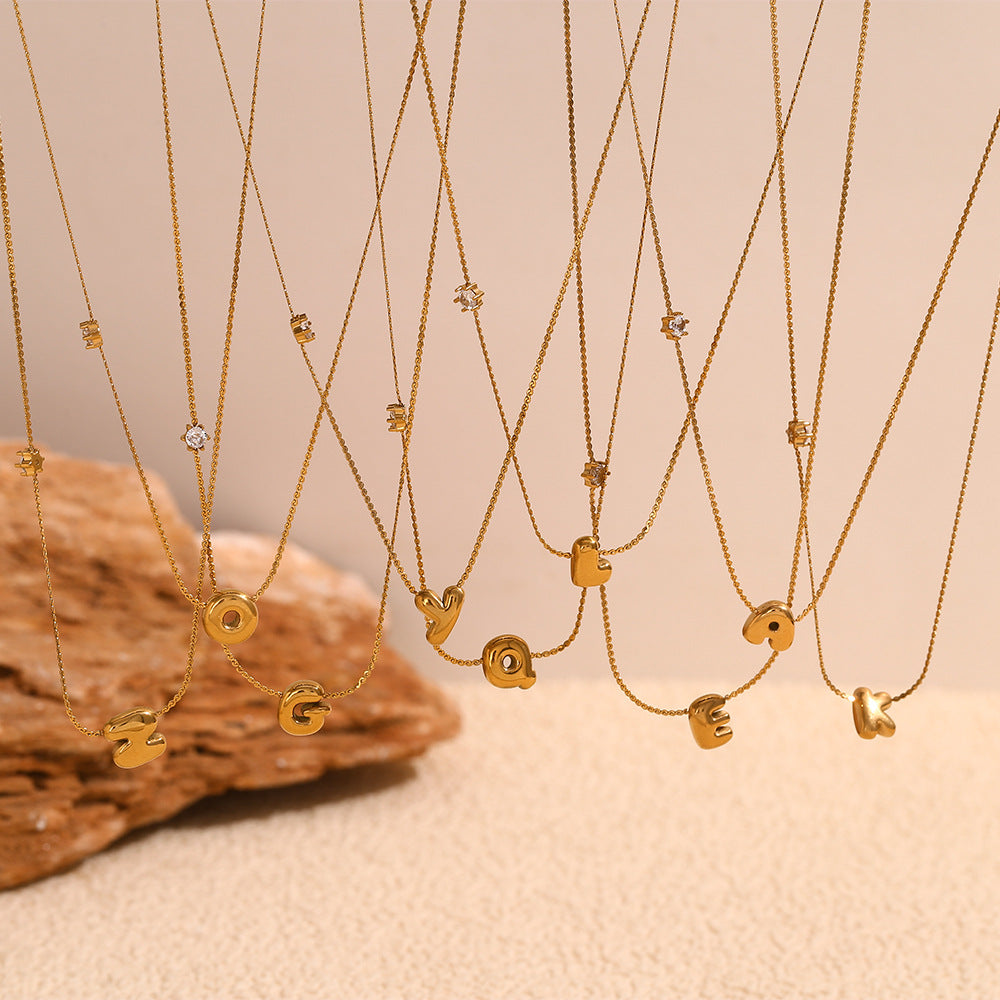 Wholesale stainless steel 18K gold plated letter single-sided zircon S chain necklace